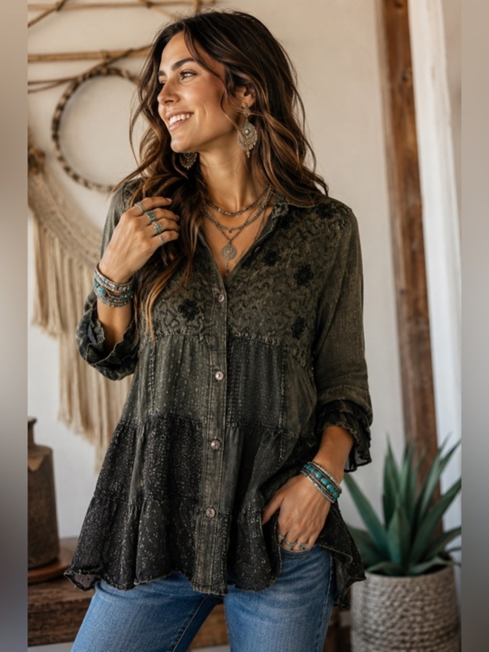 Young Threads Boho Patchwork Embroidered Tunic Blouse Small Charcoal Gray
